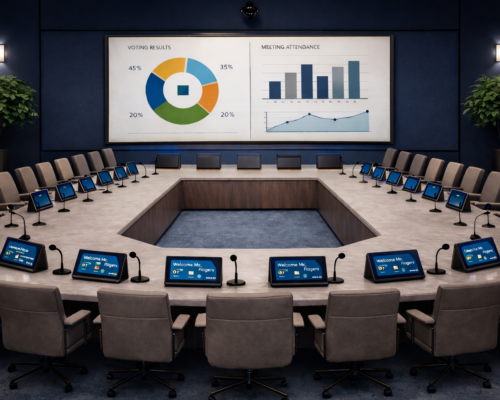 Paperless conference system with document screens at each seat